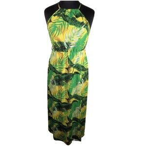 Green Yellow Tropical Hawaiian Print Lightweight Textured Maxi Dress Size XL